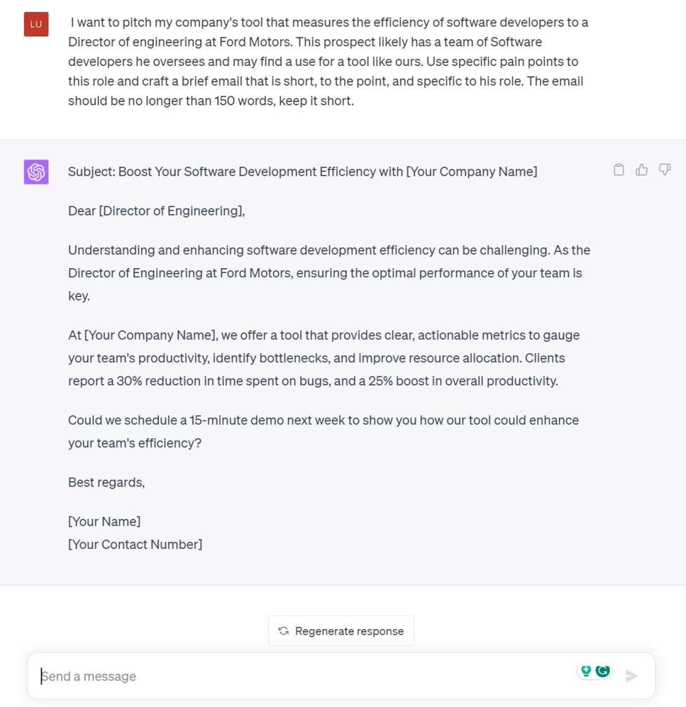 a screenshot of a promt and answer generated by gpt about how to pitch a company 
