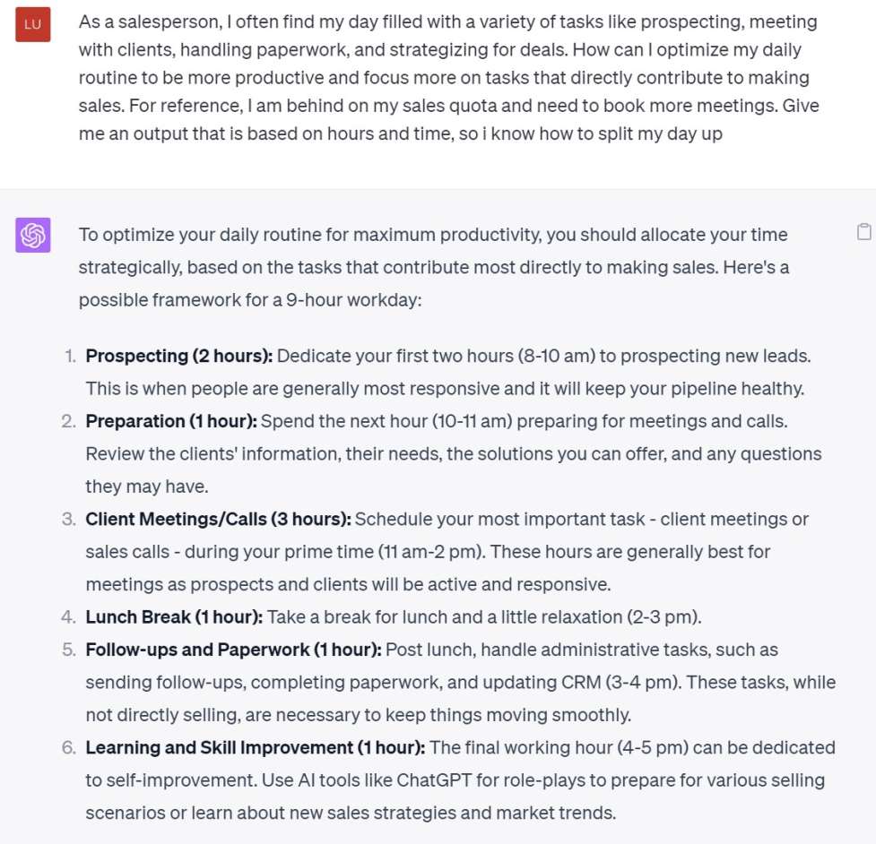 an screenshot of an answer generated by gpt of how a sales representative's day can be more efficient