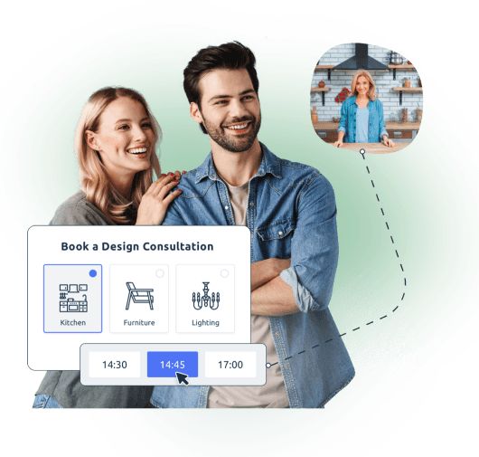 a couple and a booking widget to book a design appointment
