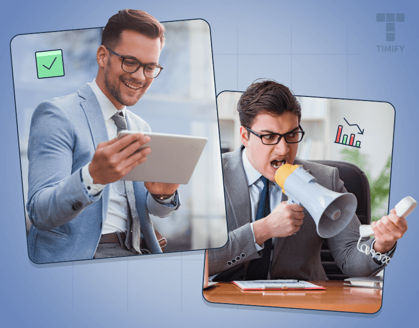 a happy person looking at a table device and other angry shouting on the phone