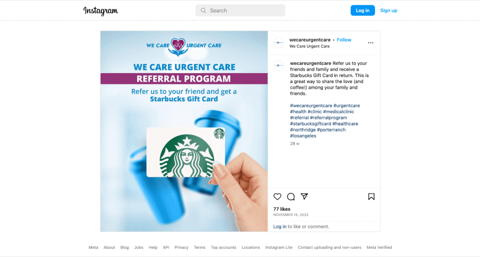 a instagram post from Starbucks for a referral program 