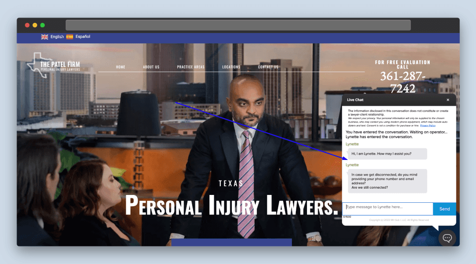 The Patel Law Firm live chat feature screenshot