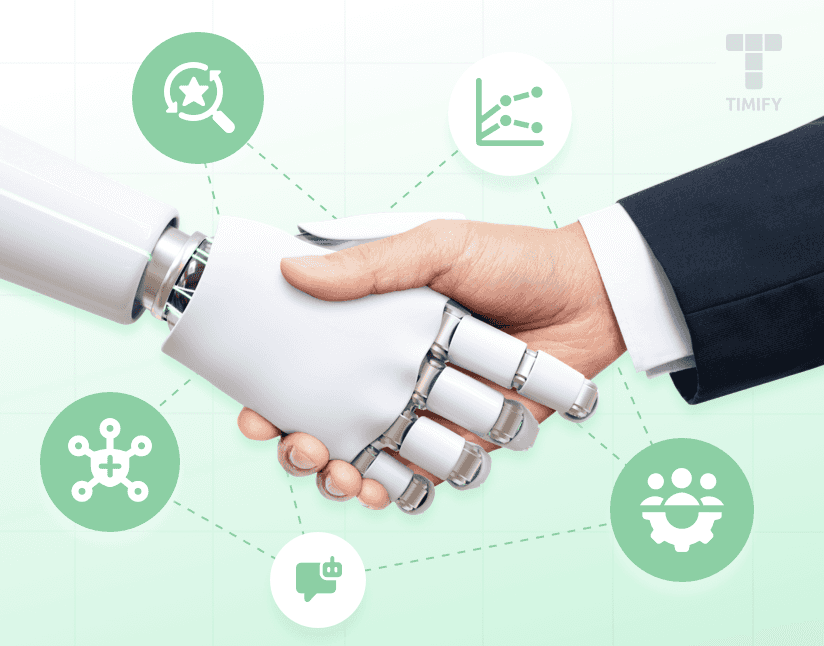 a robot's hand representing AI shaking hands with a business man