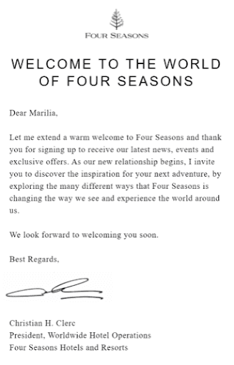 a sample of an email from four seasons hotel 