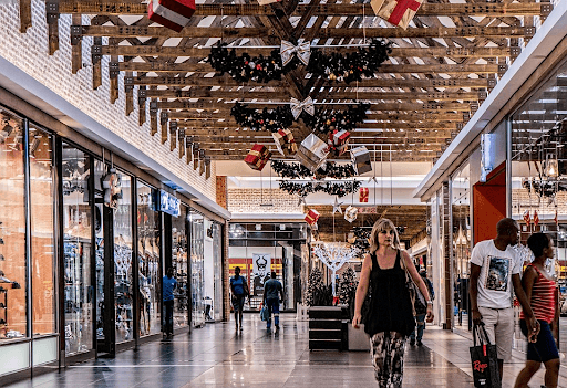 stock image of a shopping center during Christmas time 