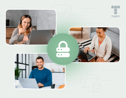 hybrid workers working from different places and a logo of security