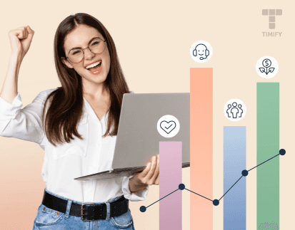 a happy woman seeing positive statistics data of her business